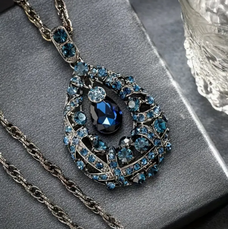 Elegant Long Titanium Steel Teardrop Necklace with Blue Rhinestones | Statement Sweater Pendant for Women