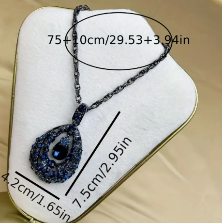 Elegant Long Titanium Steel Teardrop Necklace with Blue Rhinestones | Statement Sweater Pendant for Women