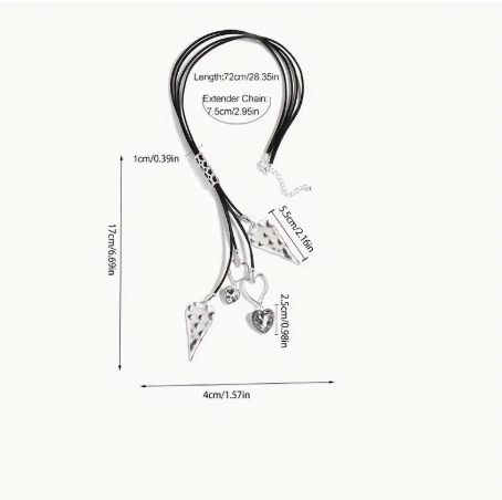 Elegant Long Heart Pendant Tassel Necklace – Silver-Tone Love Charms on Multi-Strand Cord | 1pc Sweater Chain