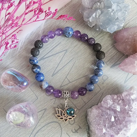 AromaRelax Diffuser Affirmation Bracelet – Lotus Charm | Amethyst, Sodalite & Lava Stone | Vintage Boho Vibes