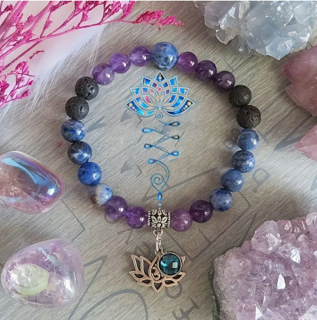 AromaRelax Diffuser Affirmation Bracelet – Lotus Charm | Amethyst, Sodalite & Lava Stone | Vintage Boho Vibes