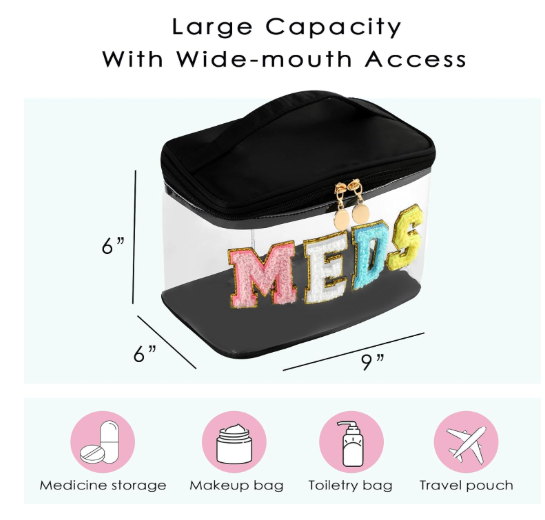 Clear Patch Letter Bag with Handle – Travel Medicine Pouch with Chenille Letters