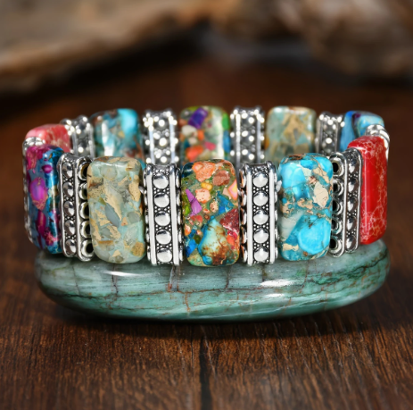 Vintage Bohemian Natural Stone Bracelet – Colorful Chunky Beads with Silver Accents