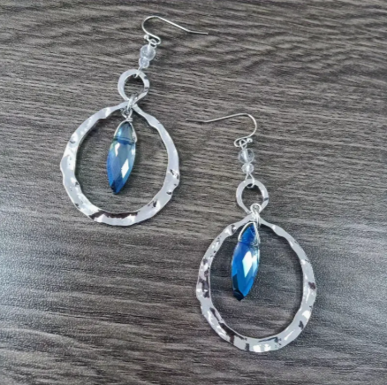 Vintage Blue Moonstone Dangle Earrings – Boho-Inspired Hammered Silver Hoop Design