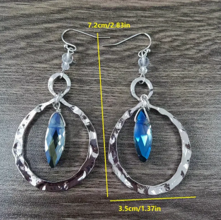 Vintage Blue Moonstone Dangle Earrings – Boho-Inspired Hammered Silver Hoop Design