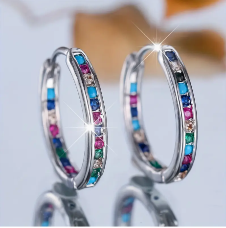 Multi-Colored Zircon Hoop Earrings - Chic 925 Silver Plated Small Round Huggie Hoops for Women