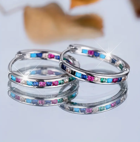 Multi-Colored Zircon Hoop Earrings - Chic 925 Silver Plated Small Round Huggie Hoops for Women