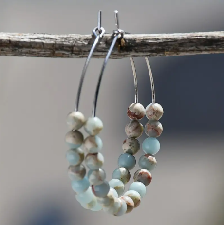 Natural Stone Beaded Hoop Earrings – Blue Jasper & Amazonite | Lightweight 4cm Hoops