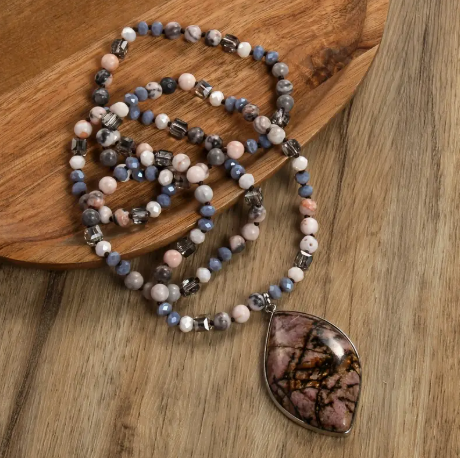 6mm Natural Stone Glass Knotted Necklace with Natural Stone Water Drop Pendant