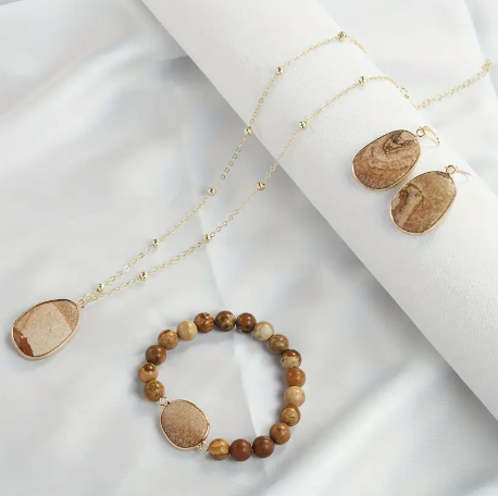 Natural Tiger Stone Necklace Earrings And Bracelet Set
