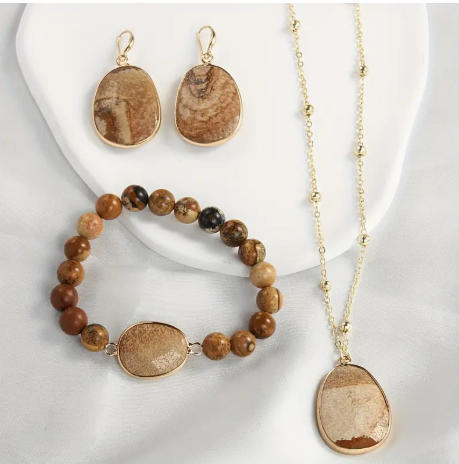 Natural Tiger Stone Necklace Earrings And Bracelet Set