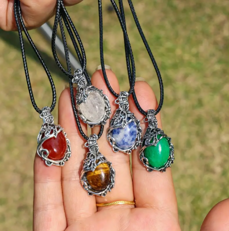 Natural Stone Teardrop Pendant Necklace – Adjustable Black Cord with Intricate Silver Frame (Multiple Gem Options)