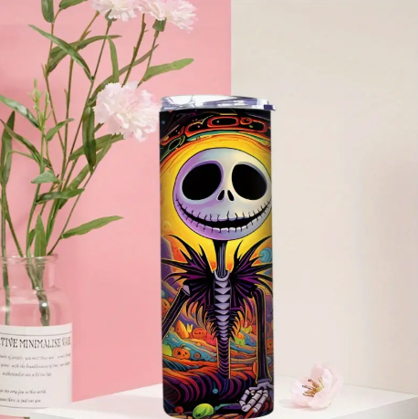 🎃 Jack Skellington Halloween 20oz Stainless Steel Tumbler - Disney Design Insulated Travel Cup with Lid & Straw