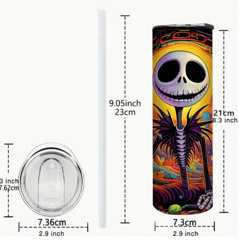 🎃 Jack Skellington Halloween 20oz Stainless Steel Tumbler - Disney Design Insulated Travel Cup with Lid & Straw