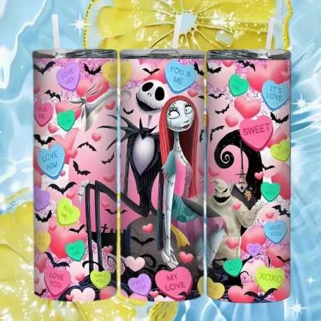 Nightmare Before Christmas 20oz Tumbler – Disney-Inspired Stainless Steel Insulated Travel Mug with Lid & Straw, Heart Candy Design