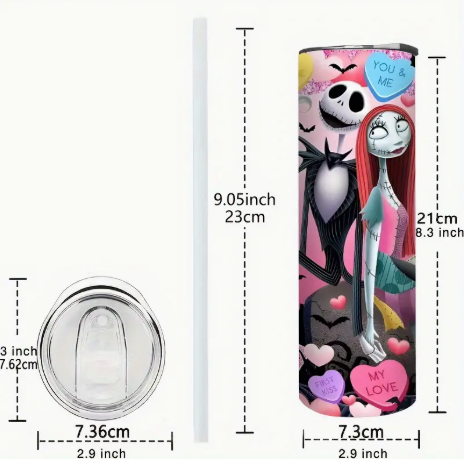 Nightmare Before Christmas 20oz Tumbler – Disney-Inspired Stainless Steel Insulated Travel Mug with Lid & Straw, Heart Candy Design