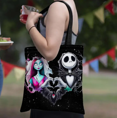 Jack Skellington & Sally Halloween Tote Bag | 2D Printed Linen Shoulder Bag for Everyday Use & Spooky Season Style