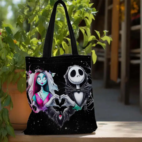 Jack Skellington & Sally Halloween Tote Bag | 2D Printed Linen Shoulder Bag for Everyday Use & Spooky Season Style