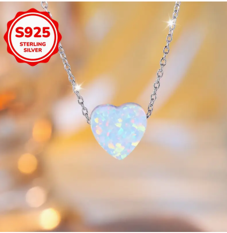 925 Sterling Silver Heart-Shaped White Opal Pendant Necklace