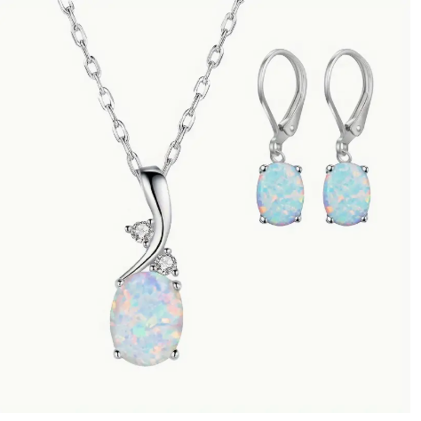 925 Sterling Silver Water Drop Opal Pendant Necklace and Earrings