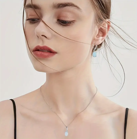 925 Sterling Silver Water Drop Opal Pendant Necklace and Earrings