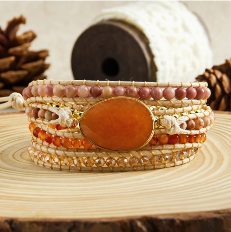 Boho-Chic 5-Row Wrap Bracelet – Natural Orange Crystal & Glass Beads, Handcrafted Ethnic Jewelry