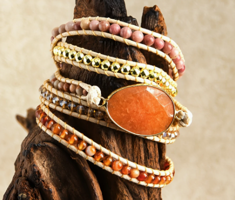 Boho-Chic 5-Row Wrap Bracelet – Natural Orange Crystal & Glass Beads, Handcrafted Ethnic Jewelry