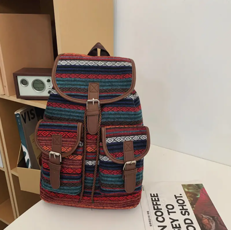 Bohemian Striped Oxford Backpack – Multicolor Canvas Bag with Adjustable Straps & Pockets | Boho Work, School & Travel Bag