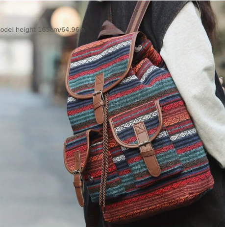 Bohemian Striped Oxford Backpack – Multicolor Canvas Bag with Adjustable Straps & Pockets | Boho Work, School & Travel Bag