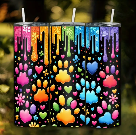 🌈 20oz Rainbow Paw Print Tumbler – Insulated Stainless Steel Travel Mug with Lid & Straw | Reusable Hot & Cold Cup for Pet Lovers, Gift-Boxed