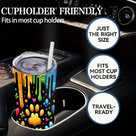 🌈 20oz Rainbow Paw Print Tumbler – Insulated Stainless Steel Travel Mug with Lid & Straw | Reusable Hot & Cold Cup for Pet Lovers, Gift-Boxed