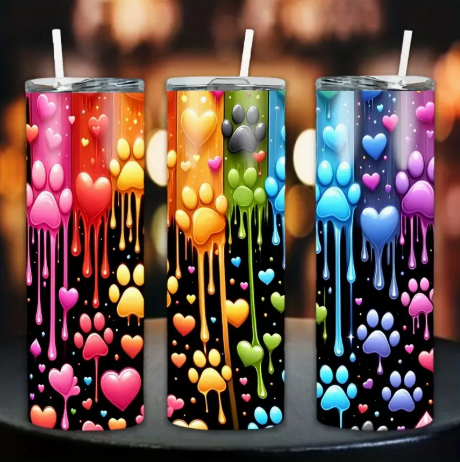 20oz Rainbow Paw Print Tumbler with Lid & Straw – Stainless Steel Insulated Travel Mug for Pet Lovers, Birthday & Holiday Gift