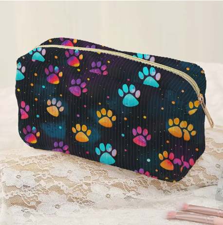 Colorful Paw Print Corduroy Makeup Bag – Travel-Friendly Cosmetic Pouch with Zipper | Small Organizer for Lipstick, Brushes & More