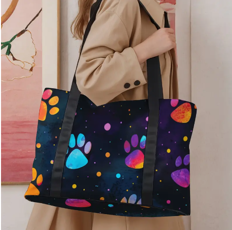 Vibrant Paw Print Large Travel Tote Bag – Durable Zippered Shoulder Bag | Lightweight Polyester for Gym, Yoga & Getaways