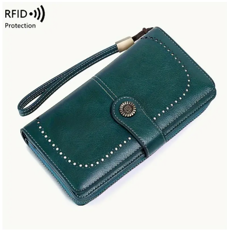 RFID Blocking Wallet for Women – Peacock Blue Large Capacity Wristlet Purse | Travel Passport & Credit Card Holder