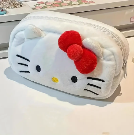 Sanrio Hello Kitty Plush Pencil Case – Soft White Cat Zipper Bag with Red Bow, Cute School & Office Storage