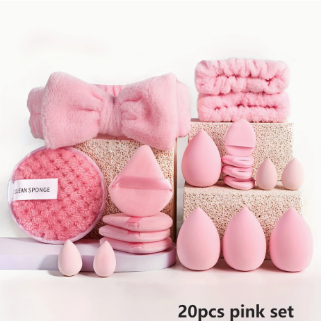 Pink Beauty Sponge & Skincare Set – 12-Piece Makeup Blender Kit with Headband, Hair Ties, and Cleansing Pads