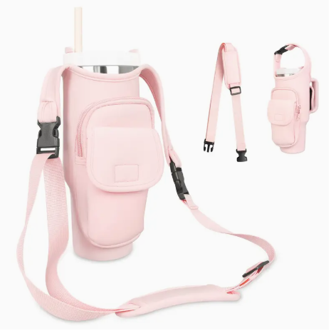 Pink 40oz Tumbler Carrier with Adjustable Strap, Storage Pouches & Straw Topper – Crossbody Water Bottle Holder with Phone Pocket