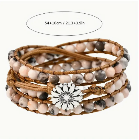 Pink Zebra Stone 3-Layer Wrap Bracelet – Natural Gemstone & Leather Boho Jewelry for Women