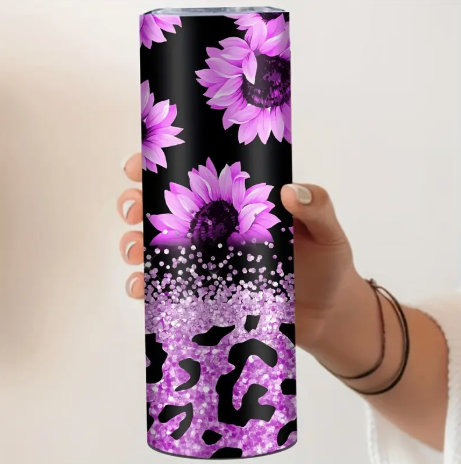 20oz Insulated Stainless Steel Tumbler – Purple Glitter Leopard & Sunflower | Slim Travel Cup with Lid & Straw