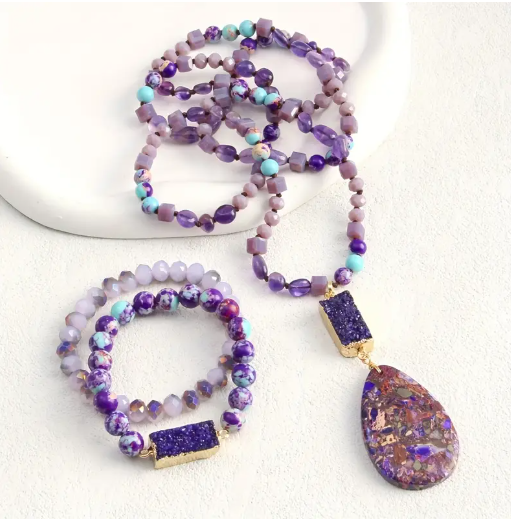 Boho Luxe Jewelry Set – Purple Druzy Pendant Necklace + 2pc Stack Bracelet | Natural Stone & Crystal Beads