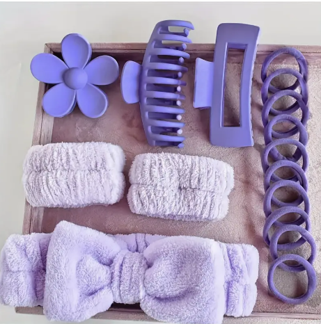 16-Piece Purple Hair & Skincare Accessories Set – Fleece Bow Headband, Hair Ties, Wristbands & Flower Clips | Self-Care & Spa Essentials