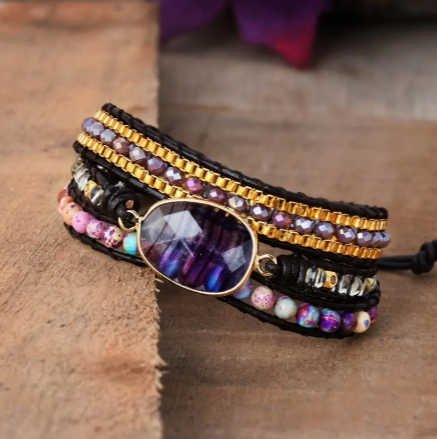 Vintage Amethyst Bead Leather Wrap Bracelet – 18K Gold Plated Accents, Adjustable Boho Chic Handmade Jewelry
