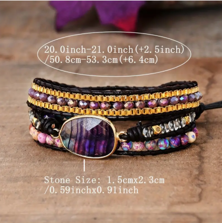 Vintage Amethyst Bead Leather Wrap Bracelet – 18K Gold Plated Accents, Adjustable Boho Chic Handmade Jewelry