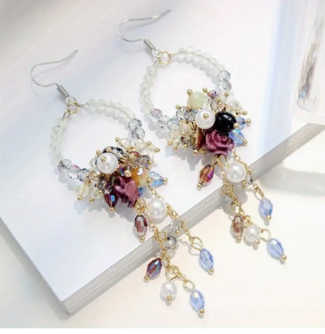 🌸 Bohemian Rose & Pearl Tassel Hoop Earrings – Vintage-Inspired, Artistic Statement Jewelry for Free-Spirited Fashionistas