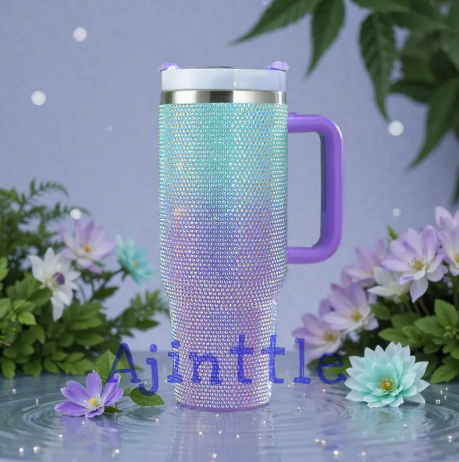 40oz Rhinestone Gradient Tumbler with Handle | Sparkling Blue to Purple Stainless Steel Vacuum Insulated Cup