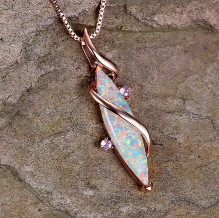 🪷 Elegant Rose Gold S-Shaped Opal Pendant Necklace – Glitter Clavicle Chain for Women