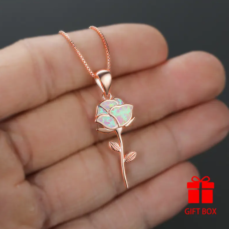 Rose Gold Rose Pendant Necklace with White Opal – Elegant Valentine’s Day Gift for Her | Dainty Rose Necklace with Gift Box
