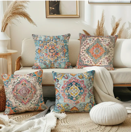 Rustic Farmhouse Bohemian Ethnic Style Throw Pillow Covers - Set of 4