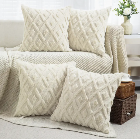 Set of 4 Boho Throw Pillow Covers 18x18 – Shaggy Plush Faux Wool with 3D Embroidered Geometric Pattern, Suede Zippered Cushion Cases for Couch, Bed & Home Decor